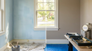 Split room view comparing uneven DIY wall painting with a cleaner professional interior paint finish