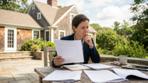 Homeowner reviewing multiple house painting estimates and project documents at an outdoor table