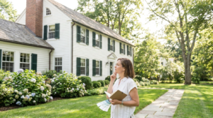 Homeowner reviewing paint colors outside a well-kept house before hiring a painting contractor
