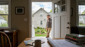 Painter standing outside an open doorway while comparing whether to start with interior or exterior painting