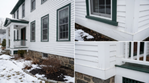 Exterior paint cracking and peeling near trim after winter moisture exposure on a Connecticut home