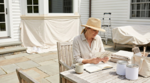 Homeowner comparing paint swatches on a patio while planning an exterior house painting project