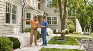 Painter discussing exterior project details with homeowner beside a prepared house painting jobsite