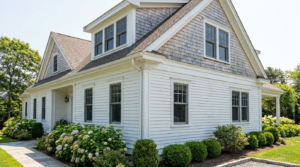House exterior with painted clapboard, white trim and cedar shingles showing different repaint cycle needs by surface
