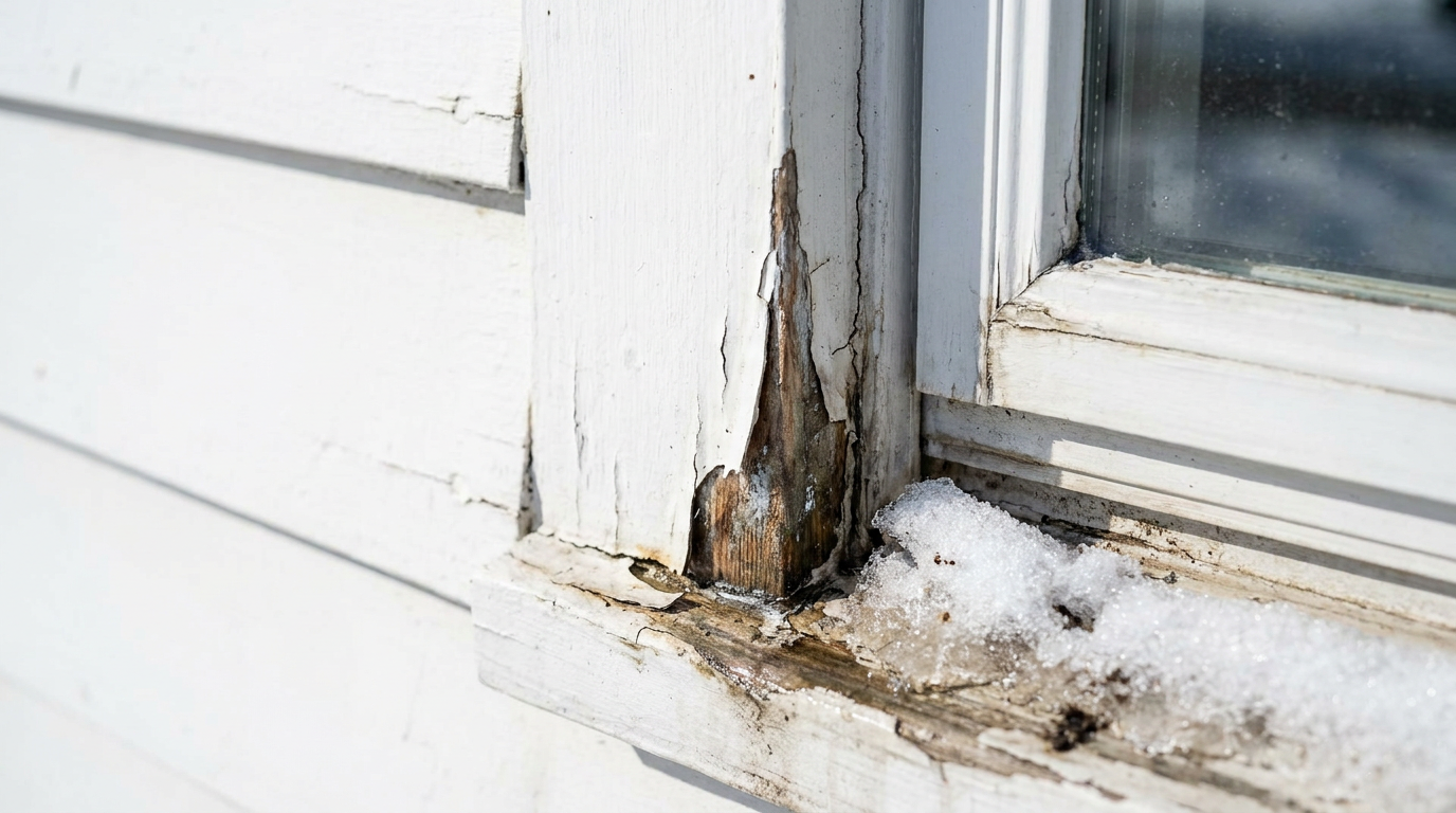 Winter Freeze-Thaw Paint Peeling in Connecticut Winter freeze-thaw stress causing exterior paint peeling on a Connecticut home