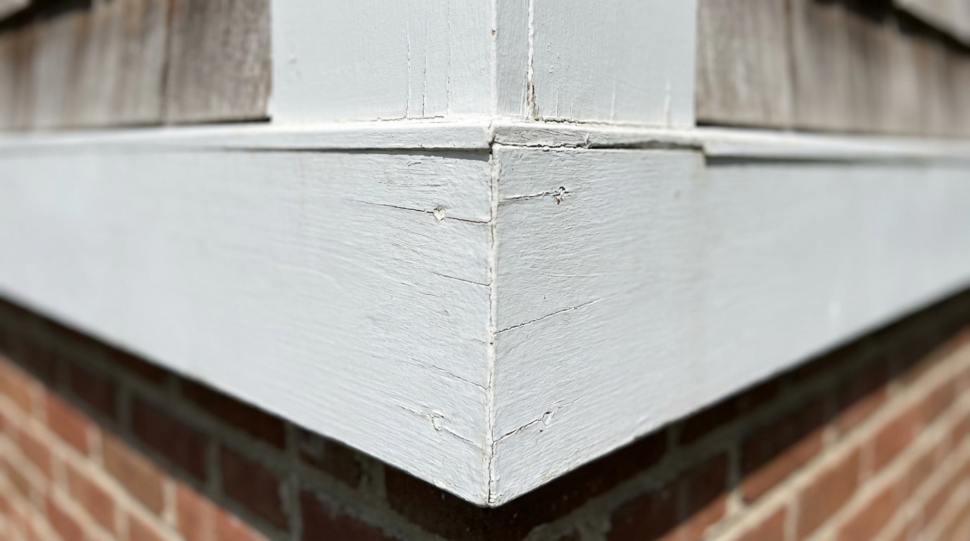 Wood Trim Repaint Cycle Surface Detail Wood trim detail showing earlier repaint cycle wear on an exterior surface
