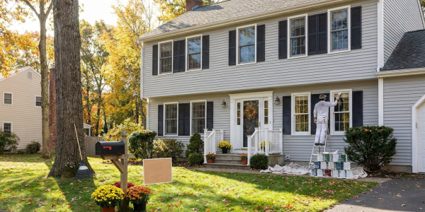 Painter refreshing the exterior of a Connecticut home before selling, with ladder, drop cloths and paint cans