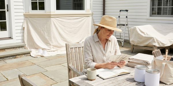 Homeowner comparing paint swatches on a patio while planning an exterior house painting project